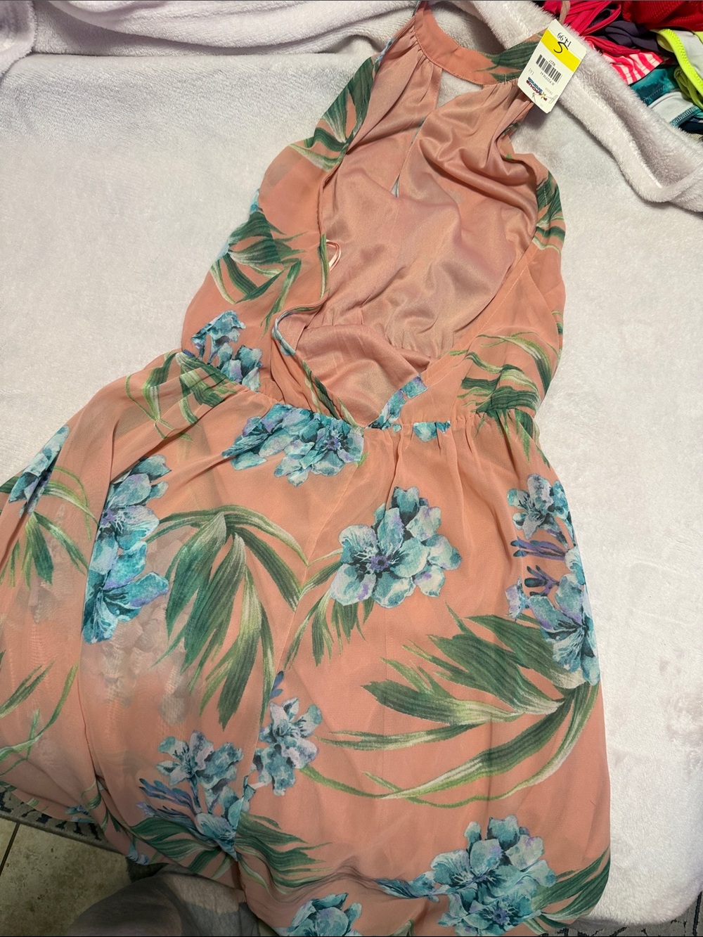 Charlotte Russe Coral Halter High-Low Dress with Teal Floral Print - Picture 2 of 3